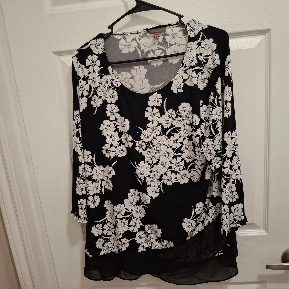 3/$15 Vince Camuto XL Black White Floral‎ 3/4 Sleeve Tunic Top Blouse
